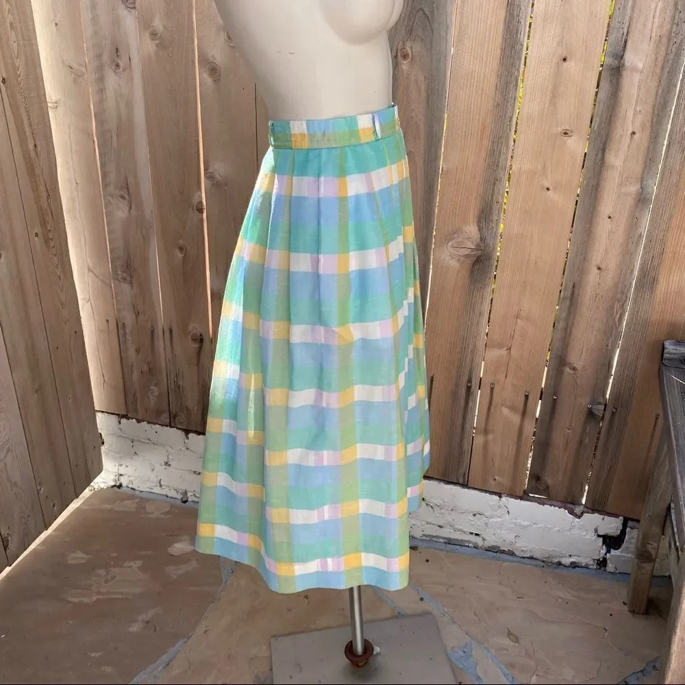 Vintage 70’s Pastel Blue green Yellow White Plaid Pleated Midi Skirt